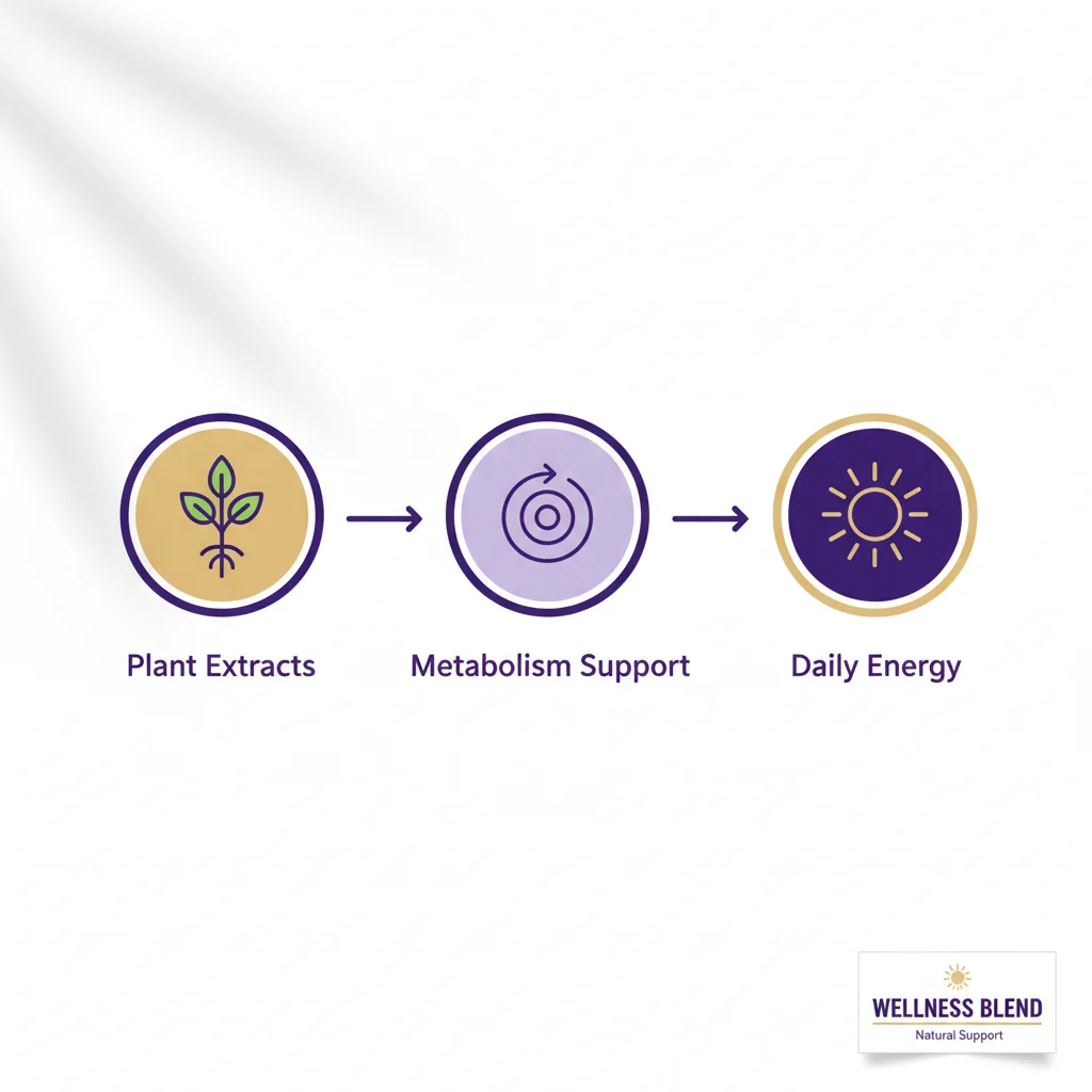 Simple infographic showing three stages: plant extracts, metabolism support, daily energy