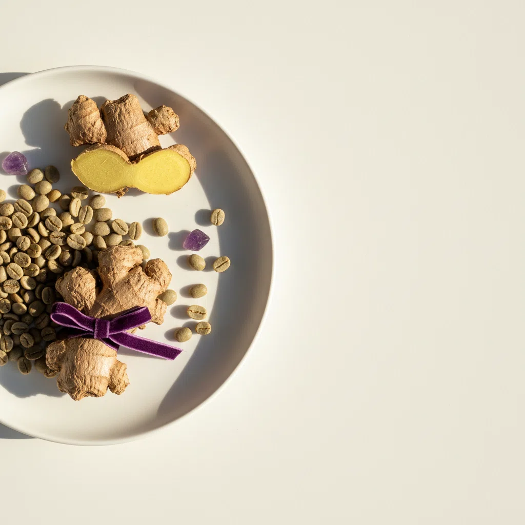 Fresh green coffee beans and dried ginger root on a white ceramic plate