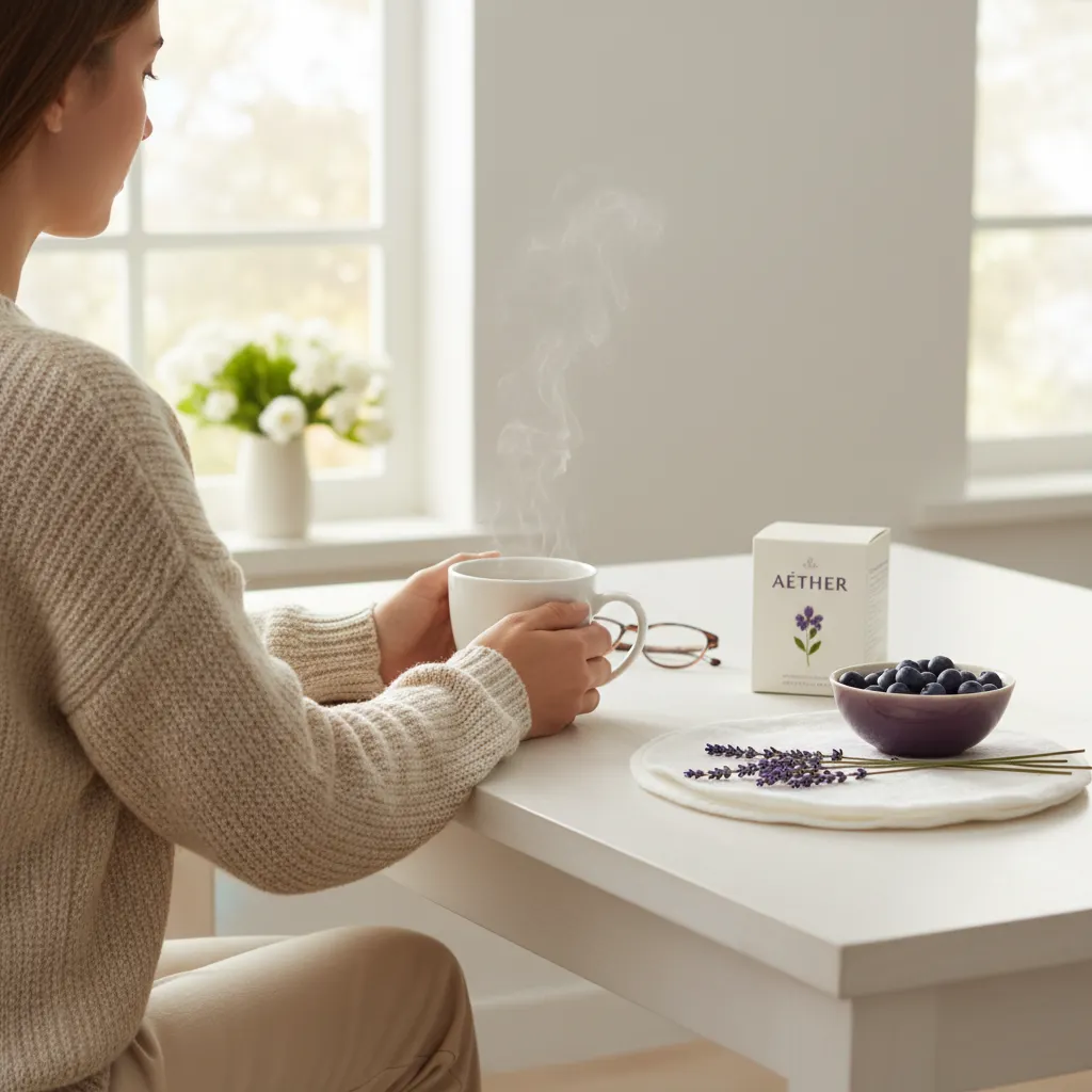 Person enjoying a warm morning coffee at a bright kitchen table, a calm start to an active day
